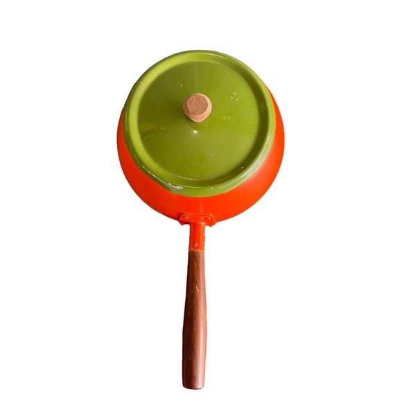 Vtg Shachi Orange Enamelware Fondue Pot W/Lid Wood Handle Mid Century Japan 5” - Picture 4 of 11